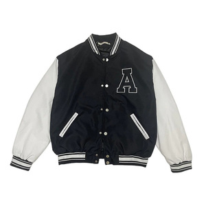 Black Varsity <b>Jacket</b> Unisex Polyester/Cotton <b>Mandarin</b> <b>Collar</b> Single Button Front Preppy Style Autumn Windproof Breathable - Product Image 3