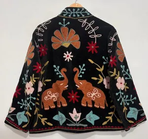 Handcrafted Indian Ethnic Black Velvet <b>Jacket</b> Women <b>Men</b> Unisex Rajasthani Embroidered Floral Elephant Motif Threadwork Coat - Product Image 2