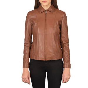 Brown Genuine Leather Bomber Jacket Turn-down Collar <b>Zipper</b> Closure Women's Winter Wear Custom Hot Selling Winter Women's - Product Image 1
