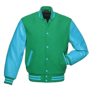 Custom Made High Street Style Varsity Letterman <b>Jacket</b> White <b>Leather</b> Sleeve with Stand Collar Black Wool Body Varsity Design - Product Image 2
