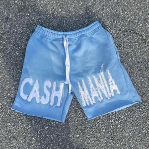 Shorts décontractés pour hommes Cash Mania, imprimé floqué, taille à cordon de serrage, coton noir respirant, style avec logo frontal - Product Image 2