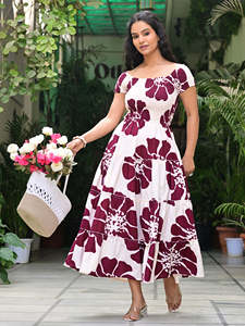 Vestido Elegante para Mujer, Color Granate, Estampado Geométrico, Largo a Media Pantorrilla, Cuello Fruncido, 100% Algodón Tejido, Ecológico, Informal, para Vacaciones de Verano - Product Image 5