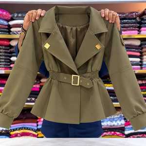 Manteau trench élégant pour femme avec ceinture, manches lanternes, col cranté, taille ajustée, doublure en satin, style bureau, peplum décontracté - Product Image 2