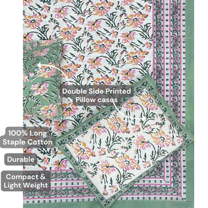 Jaipur Hand <b>Block</b> Printed Plant Floral King Size Flat <b>Bed</b> Set 100% Cotton All Season Eco-Friendly Durable Breathable Home Hotel - Product Image 4
