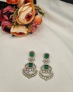 Lucentarts Jewellery Green Cat Eye Stone Chandbali <b>Earring</b> Square Crystal <b>Dangle</b> Traditional Indian For Bridal Jewelry Wholesale - Product Image 6