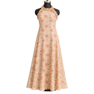 Boho Floral Hand Block Print Dress Sleeveless Ruffle Neck A Line Cotton Maxi Gown Women Casual Summer Handmade Outfit Piece - Product Image 1