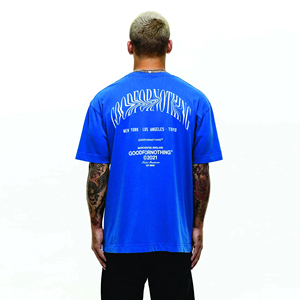 เสื้อยืดผู้ชายสีน้ำเงินทรงโอเวอร์ไซส์ พิมพ์ลายตัวอักษรด้านหน้า แขนสั้น คอกลม ผ้าคอตตอนเจอร์ซีย์ 100% ทรงพอดีตัว - Product Image 2