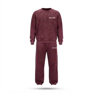Ensemble jogging pour homme, sweat-shirt à col rond bordeaux délavé à l'acide, tenue décontractée streetwear, ensemble assorti deux pièces - Product Image 3