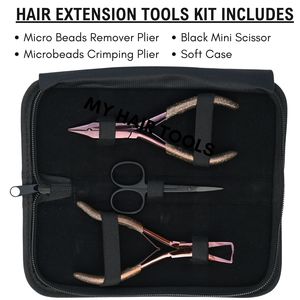 Kit d'outils pour extensions capillaires Mini Microlink : Pince à sertir or rose 5 pouces, Pince à retirer les perles à double ressort et Ciseaux de voyage - Product Image 2