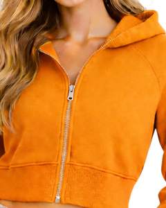 Sudadera con capucha corta con cremallera para mujer, sudadera informal de manga larga, ropa de calle de lana suave, color naranja, moda Otoño Invierno - Product Image 3