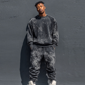 เสื้อสเวตเชิ้ตทรงหลวมแบบดรอปโชว์เดอร์ ล้างสีแบบแอซิดวอช กางเกงจ็อกเกอร์ล้างสีแบบสโตนวอช ชุดเซ็ตจ็อกเกอร์ เสื้อผ้าผู้ชายเนื้อหนัก ล้างสีแบบวินเทจ ชุดวอร์มผู้ชาย - Product Image 1