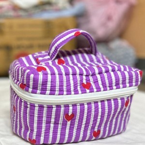 Purple Striped Heart Pattern Cosmetic Box with Zipper and Soft Handle Medium Size Textile Makeup Organizer for Women - Product Image 1