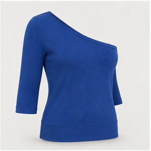 T-shirt ajusté bleu cobalt à une épaule et manches trois quarts pour femme WTS-0018 - Product Image 4