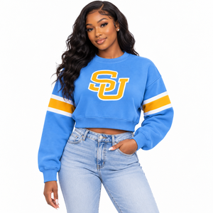 เสื้อสเวตเชิ้ตครอปปิ้ง Southern University SU แบบกำหนดเอง HBCU สีน้ำเงินทอง แขนเสื้อลายทางสไตล์วาร์ซิตี้ คอกลมสำหรับผู้หญิง ขายส่ง - Product Image 3