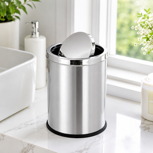 Cubo de Basura Redondo con Tapa Abatible de Acero Inoxidable, Cubo de Basura Moderno para Cocina, Baño, Oficina, Color Plateado y Negro - Product Image 4