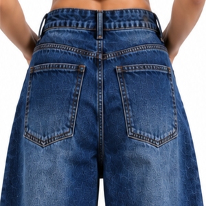 Jean baggy pour femme, coupe large, déchiré, brodé, style hip-hop, coupe ample, denim délavé moyen, longueur intégrale - Product Image 5