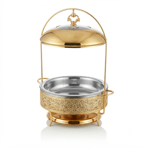 Luxury Gold Round Chafing <b>Dish</b> Food Warmer with <b>Glass</b> Top Lid Overhead Arch Stand Decorative Lattice Base Catering Server - Product Image 1