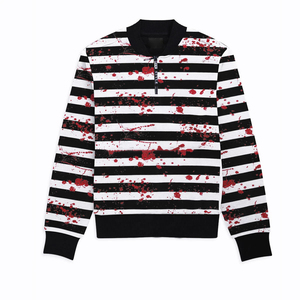 Sudadera de Forro Polar con Cierre de Cremallera de un Cuarto para Hombre, Rayas Blancas y Negras, Estampado Rojo en Aerosol, Cuello Alto, Ajuste Holgado, Estilo Urbano de Invierno - Product Image 1
