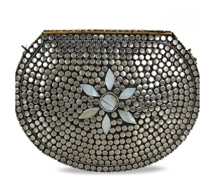 Round Metal Clutch <b>Bag</b> With Silver Plated <b>Studs</b> And Flower Design Zinc Alloy Craft - Product Image 1