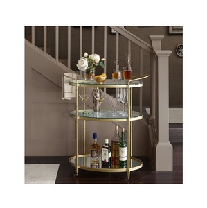 Modern 3 Tier Oval Gold <b>Bar</b> Cart with Clear Tempered Glass And Mirror <b>Shelves</b> Liquor Serving cart - Product Image 1