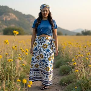 Chic 2025 Jupe Femme avec Élégant Feuillage Jaune Bordure Bleu Brillant Imprimé Attrayant Rose Pêche-Dernière Mode Style Élégant - Product Image 2