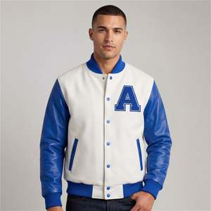 Veste de sport bleue pour homme avec manches en cuir PU jaune, lettre S brodée, fermeture à boutons sur le devant, style preppy, vêtement d'automne - Product Image 4