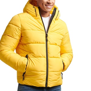 Men's Yellow Hooded Puffer <b>Jacket</b> Waterproof Reversible Thick Windproof Zipper Closure Casual Winter Coat Solid Color Polyester - Product Image 2