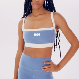 Sujetador deportivo de tirantes finos con cuello cuadrado y ribete en contraste negro y verde para mujer, soporte medio, transpirable, ropa deportiva activa - Product Image 5