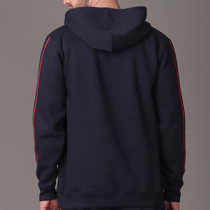 Custom Men’s Navy Blue Pullover <b>Hoodie</b> with <b>Red</b> Contrast Hood Lining Sleeve Piping and Kangaroo Pocket - Product Image 4