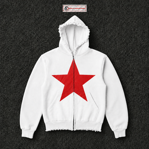 Sudadera con capucha blanca extragrande con cremallera completa, estampado de estrella roja y borde desgastado, estilo streetwear unisex de ajuste holgado - Product Image 5