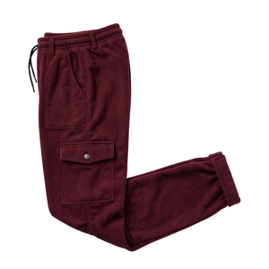 <b>Mens</b> Burgundy Sherpa <b>Lined</b> Heavyweight <b>Fleece</b> Cargo Pants Warm Utility Pockets Drawstring Waist Winter Casual Street Style - Product Image 3