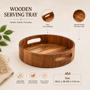 Plateau de service rond en bois de qualité supérieure avec poignées découpées |   Plateau rustique en acacia pour le petit-déjeuner, décoration pour la maison, l'hôtel et le restaurant - Product Image 5