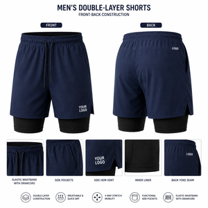 Men's Double-<b>Layer</b> Running Shorts With Inner Liner Elastic Waist Quick Dry Sporty Design Front Logo Placement - Product Image 4
