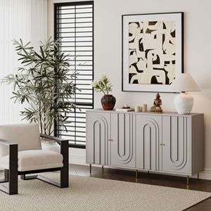 Modern Gray Lacquered 4-Door Wooden Cabinet Sideboard <b>Buffet</b> <b>Server</b> for Living Room Entryway Hallway Storage - Product Image 3
