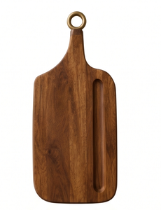 Tabla de cortar de cocina de madera de mango con acabado de nogal sostenible, plato artesanal ranurado con mango de latón. - Product Image 1