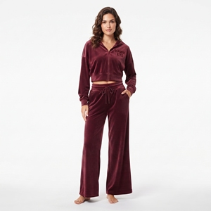 Conjunto Deportivo de Terciopelo para Mujer, Ropa Casual, Top con Cierre Completo, Pantalones Jogger Anchos con Cintura Alta y Cordón Ajustable, Ropa de Invierno - Product Image 1