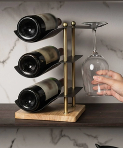 Support à vin de luxe en métal avec base en bois et porte-verres, pour table, bar, cuisine, décoration intérieure - Product Image 1