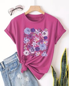 Women's Floral Heart Print 100% Cotton Short Sleeve Crew Neck T-Shirt Casual Spring Summer Wear Breathable Loose Fit - Product Image 1