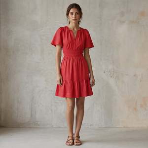 Robe courte élastiquée en coton rouge cerise pour femmes, avec manches courtes, en tissu léger, style moderne - Product Image 1