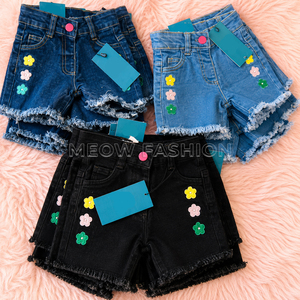 Shorts en jean pour filles, taille haute, fleurs brodées, ourlet effiloché, noir, bleu, bleu foncé, lot de stock, vêtements du Bangladesh, vente en gros - Product Image 1