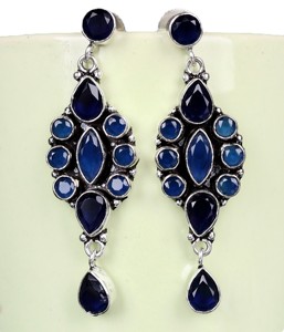 Oxidized Silver Brass Blue Stone Drop Earrings Women | Handmade Indian Vintage Wedding Jewelry | Wholesale Bulk Supplier Fashion - Product Image 3