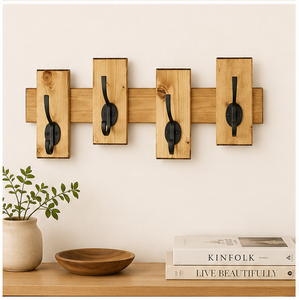 Modern Rustic Solid Wood <b>Wall</b> Mounted Coat Rack With 4 Heavy-Duty Black Iron <b>Hooks</b> Farmhouse Entryway Organizer For Coats Hats - Product Image 2