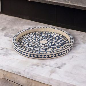 Luxury Indian Handmade Wood Inlay Serving Rectangular <b>Tray</b> Teal Blue Floral Decorative <b>with</b> Handles Home Decor Ramadan - Product Image 3