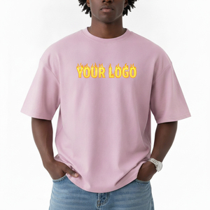 T-shirt rose surdimensionné pour homme, manches courtes, col rond, décontracté, en coton, avec logo flamme imprimé sur le devant - Product Image 4