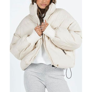 Chaqueta Acolchada Crema con Cuello Alto, Cierre de Cremallera en Manga Larga, Ropa de Invierno para Mujer, Corta, de Color Sólido - Product Image 2