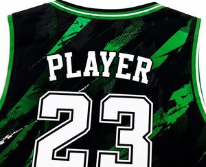 Maillot de basketball personnalisé sublimé pour homme, sans manches, col en V, anti-humidité, polyester/coton, imprimé vert et noir, coupe classique - Product Image 4