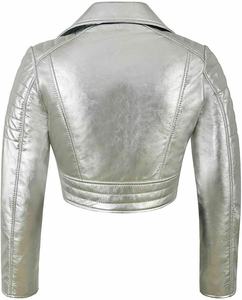 Chaqueta de cuero real plateada brillante para mujer, chaqueta de motocicleta, chaqueta de cuero de marca personalizada para mujer - Product Image 4