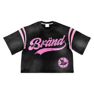 T-shirt court en coton French Terry 280 GSM pour femme, rose et jaune, avec impression en relief et logo personnalisé, respirant - Product Image 3