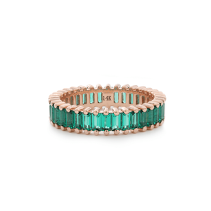 Anillo de Oro Rosa Sólido de 14K con Esmeralda Zambiana Cultivada en Laboratorio, Corte Baguette de 3x1.5mm, Anillo de Boda de Lujo con Piedras Preciosas de Eternidad Completa - Product Image 4