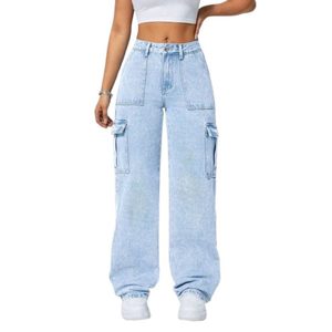Jeans cargo pour femmes en denim bleu glace style rétro vintage multipoches, écologiques, respirants, style streetwear, 100% coton - Product Image 1